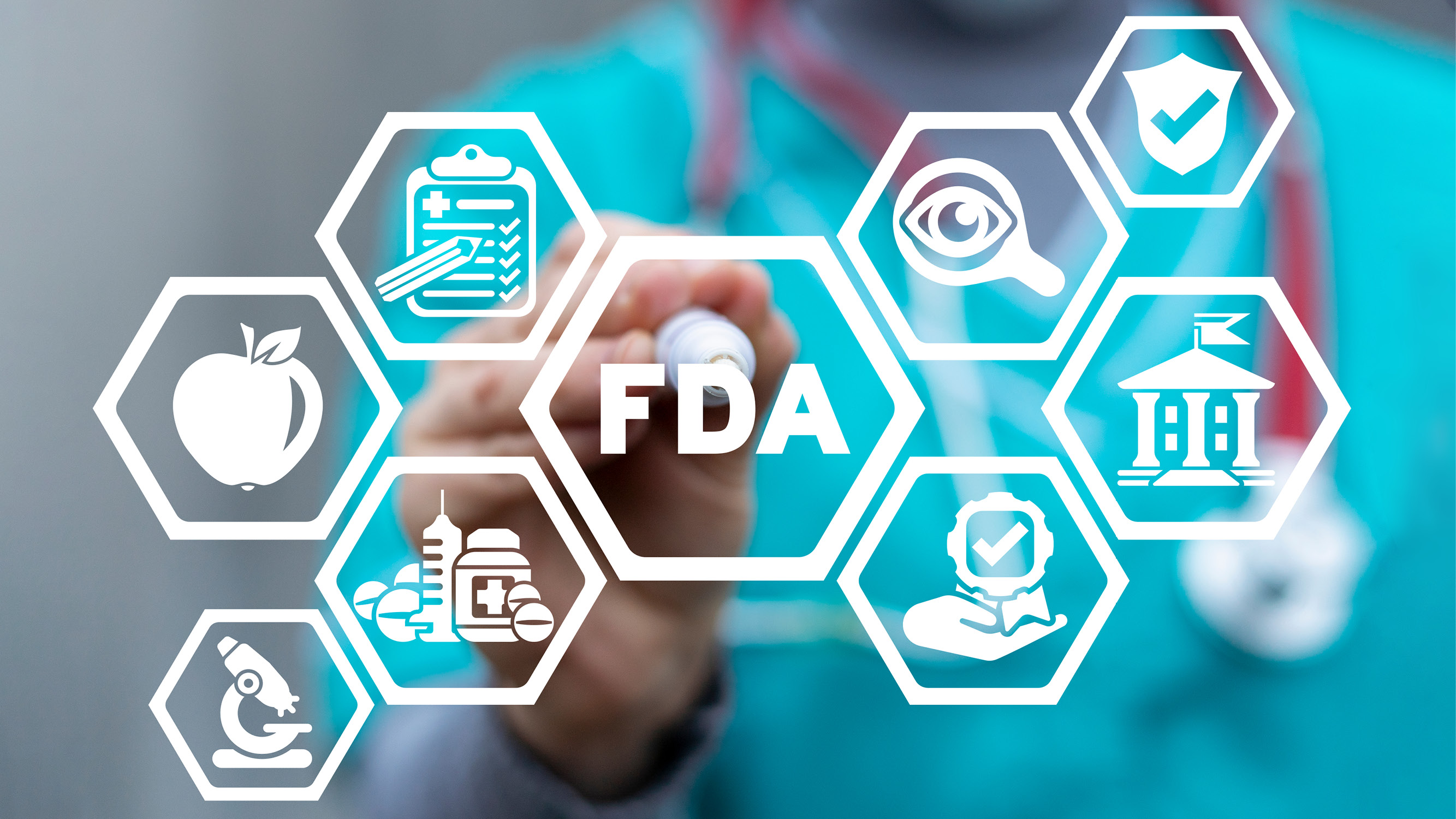 Digital interface displaying regulatory and compliance icons including FDA, documentation, and quality systems.